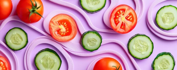 Vector illustration of layered tomato and cucumber slices arranged in a spiral pattern on a pastel lavender background.