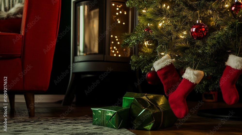 Sticker A several green christmas package is on the floor in front of a decorated christmas tree with red christmas socks in a modern living light room christmas atmosphere  