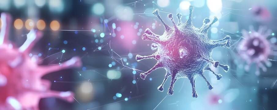 Surreal close-up of virus particles showcasing their spiked structures in extreme magnification highlighting the intricate beauty and peril of microscopic threats in medical scienc