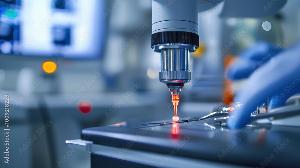 Poster close-up of a laboratory machine with a red light.