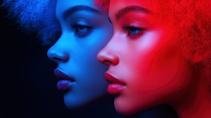 Obraz premium Two Women in Blue and Red Neon Lights