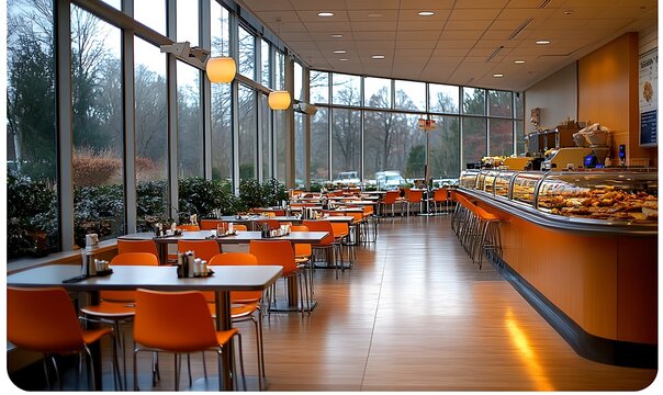 Hospital Cafeteria with Modern Dining Area and Healthy Meal Options