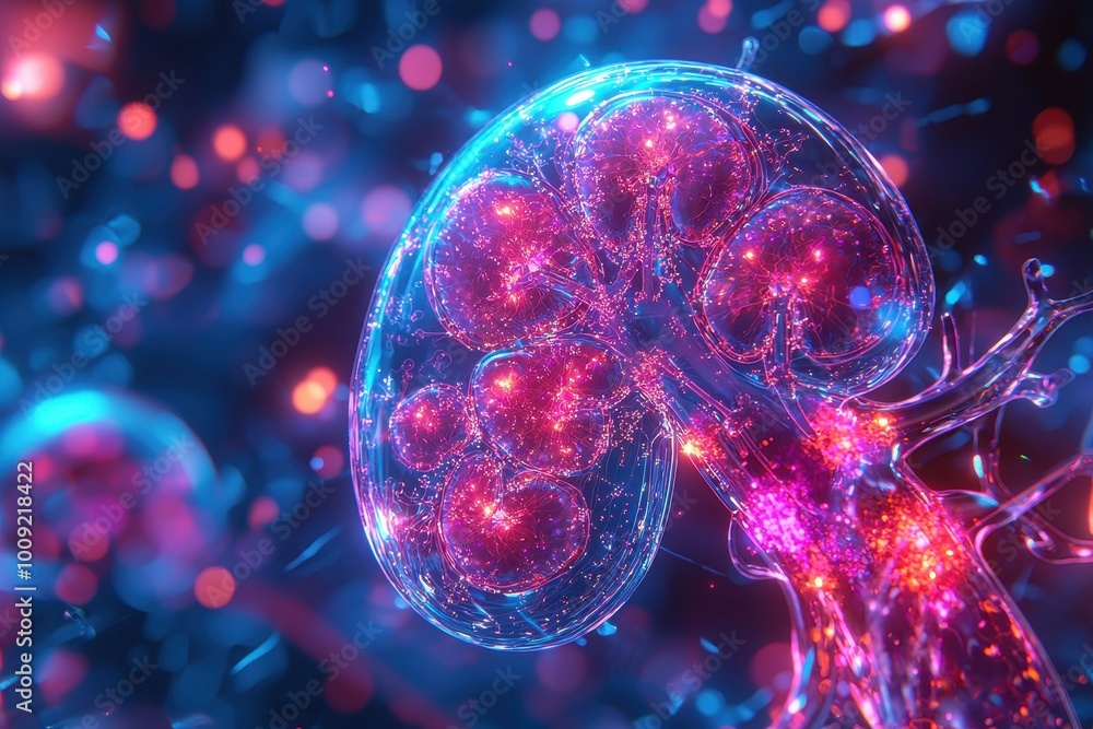 Poster abstract 3d rendering of a kidney with glowing red and pink particles.