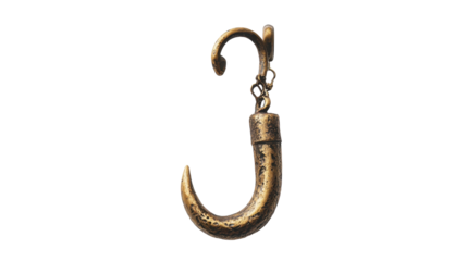 A vintage fishing hook hanging gracefully against a soft, neutral backdrop, on the transparent background. PNG Format