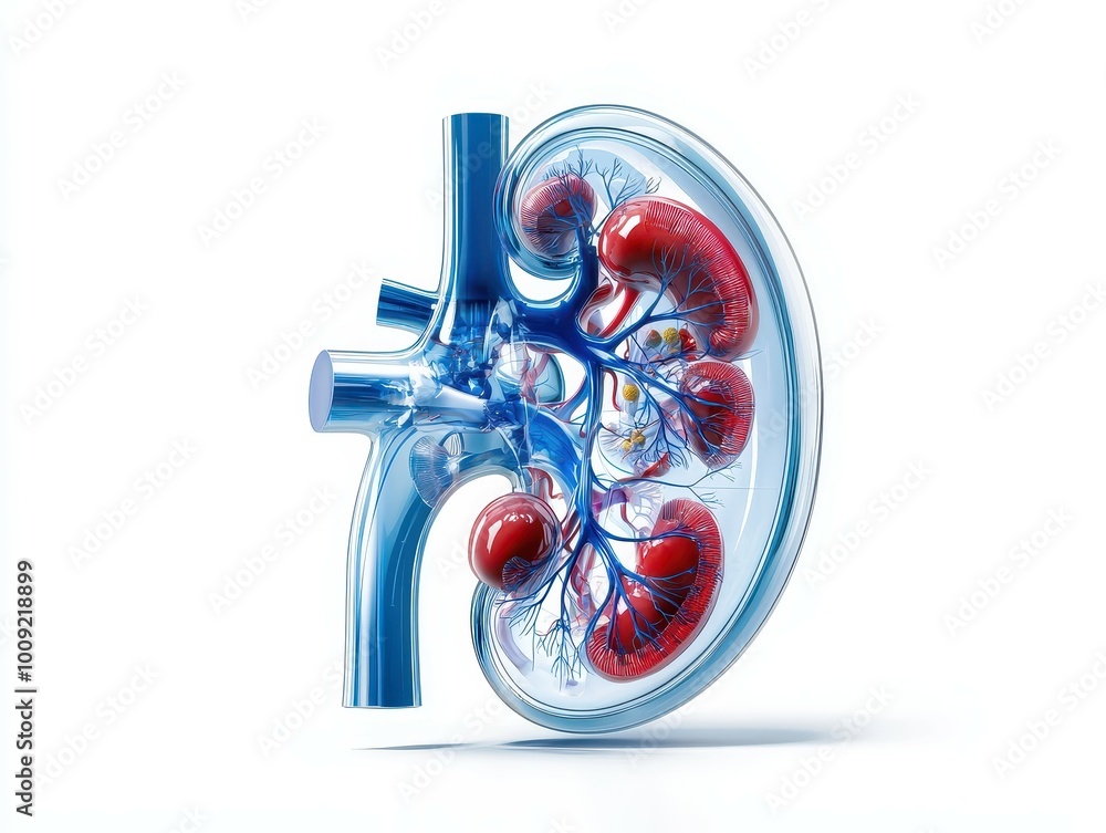 Poster a 3d rendering of a human kidney, showcasing its intricate structure and vascular network.