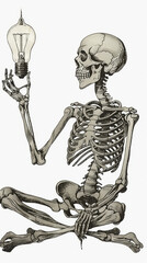 A skeleton sitting cross-legged, holding an incandescent light bulb in its hand.