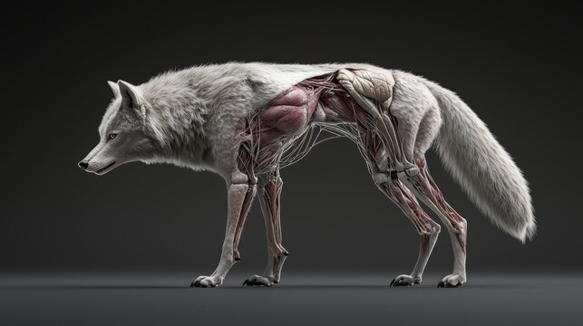 VR game asset, a fully animated anatomical wolf used for educational or combat simulations.