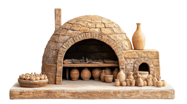 Traditional pottery workshop beside a rustic oven in a serene countryside setting, on the transparent background. PNG Format