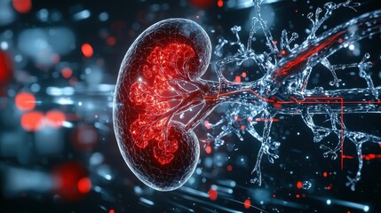 Fototapeta premium A digital representation of a kidney, with red glowing veins, on a dark background.