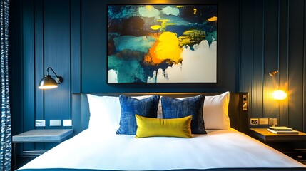 A Modern Hotel Bedroom with Blue Walls and a Yellow Accent Pillow