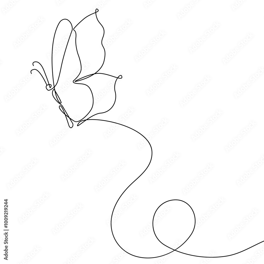 Poster continuous single line drawing of butterfly flying black linear isolated on white background. vector