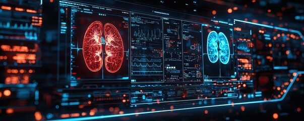 Obraz premium Digital display of human lungs in red and blue hues.