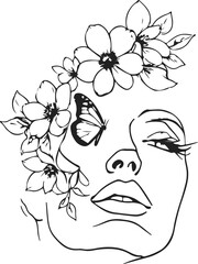 Woman Face with Flowers Line Art Drawing. Floral Abstract Line Art Illustration. Minimalist Trendy Contemporary Design for Wall Art, Prints, Social Media, Posters, Invitations, Branding Design.