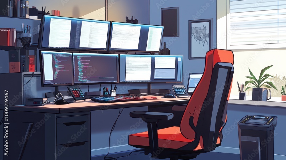 Poster futuristic and high-tech home office setup with multiple monitors