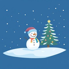 Flat vector illustration of a snowman with a scarf and hat standing next to a Christmas tree on a blue background. The design is simple, with a limited color palette, and has a cute, cartoonish style.