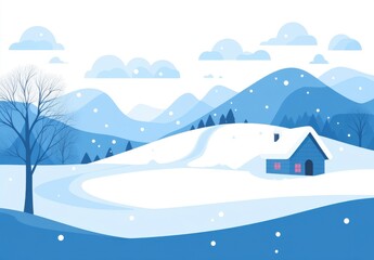Fototapeta premium Winter landscape with house and mountains, simple flat vector illustration, blue colors, white background, simple shapes, cute style