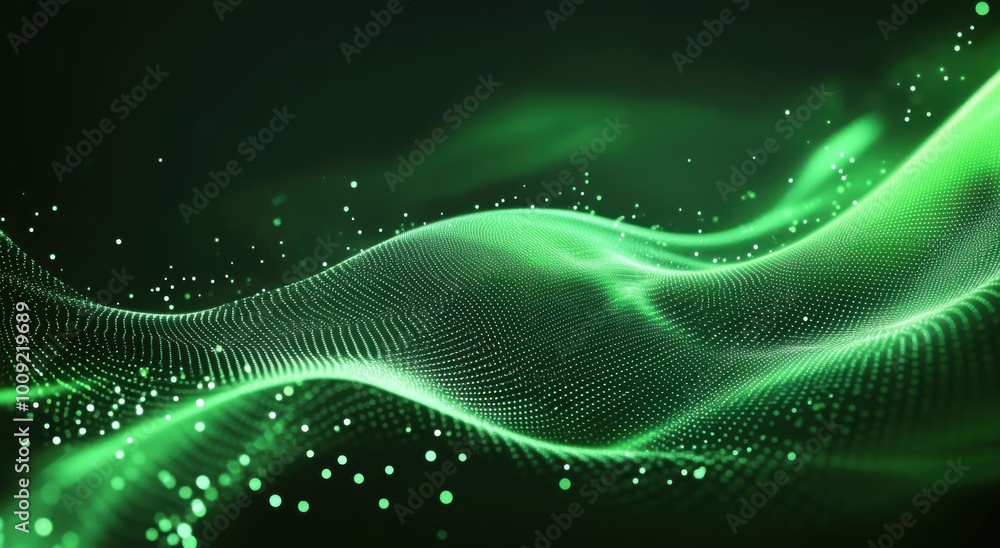 Poster abstract green background with a wave of glowing dots and particles, a digital technology concep