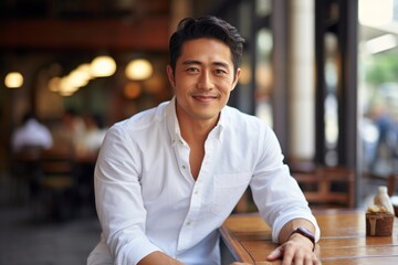 Portrait of a blissful asian man in his 30s wearing a classic white shirt on bustling city cafe