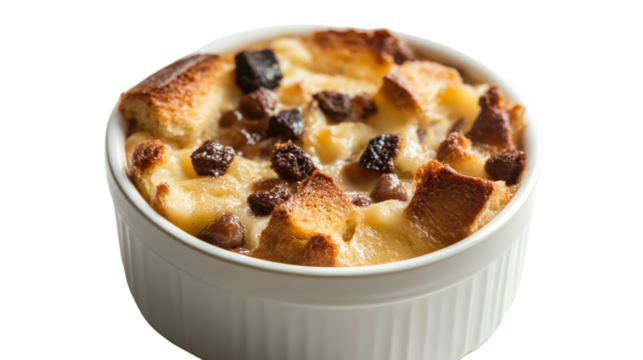 Decadent bread pudding with chocolate chips baked fresh in a cozy kitchen, on the transparent background. PNG Format