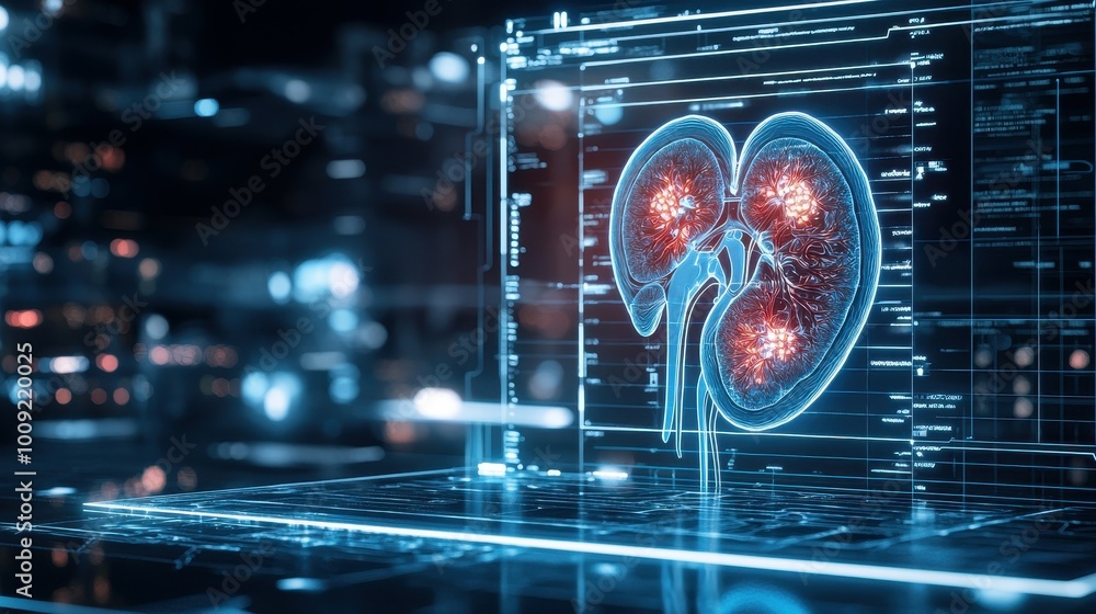 Poster a digital scan of a human kidney is displayed on a computer screen.