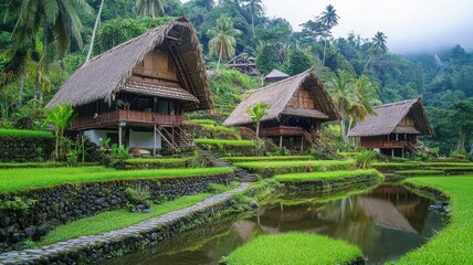 The houses are made of straw and are surrounded by lush green grass