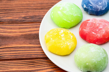 Mix of colorful mochi . Traditional japanese dessert
