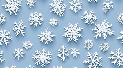 This seamless pattern features intricate white snowflakes on a blue background, perfect for winter decor, packaging, or textile design, evoking a festive atmosphere. SEAMLESS PATTERN