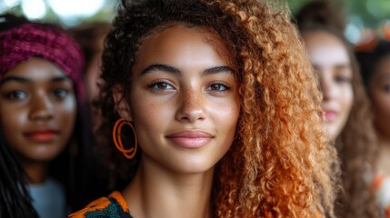 Obraz premium Confident Young Woman with Curly Hair Looking at the Camera