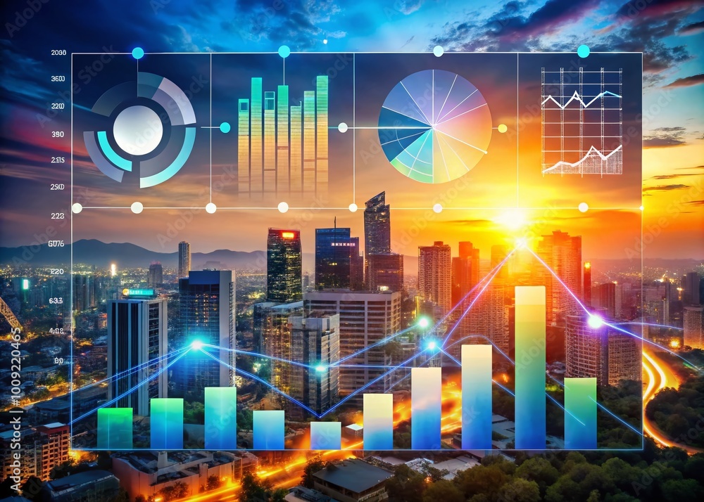 Poster digital technology report with graphs and charts analyzing business growth and trends in 2023