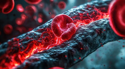 Fototapeta premium A close-up of a red blood cell flowing through a vein, with other blood cells surrounding it.