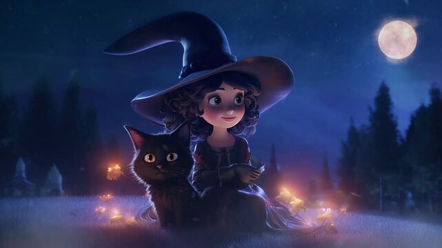 A cute witch brews a glowing potion in a cauldron beside her black cat, creating a magical and mystical scene.