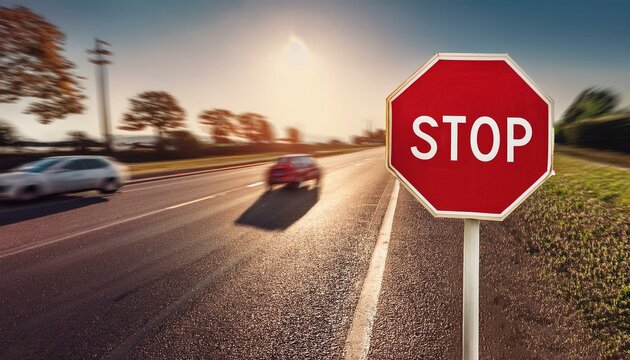 A stop sign on a road with cars passing, against a stunning sunset backdrop.