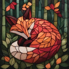 A stained glass fox curled up in a forest, blending warm reds and oranges with natural greens