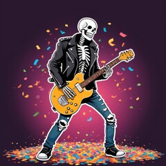 Obraz premium A cool skeleton dressed in a leather jacket and jeans shreds on a yellow electric guitar, set against a dynamic and colorful background that adds energy to the artwork