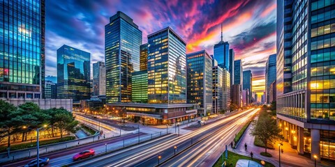 Obraz premium Diverse Group of Modern Buildings with Glass Facades in a Busy Urban Cityscape During Daylight