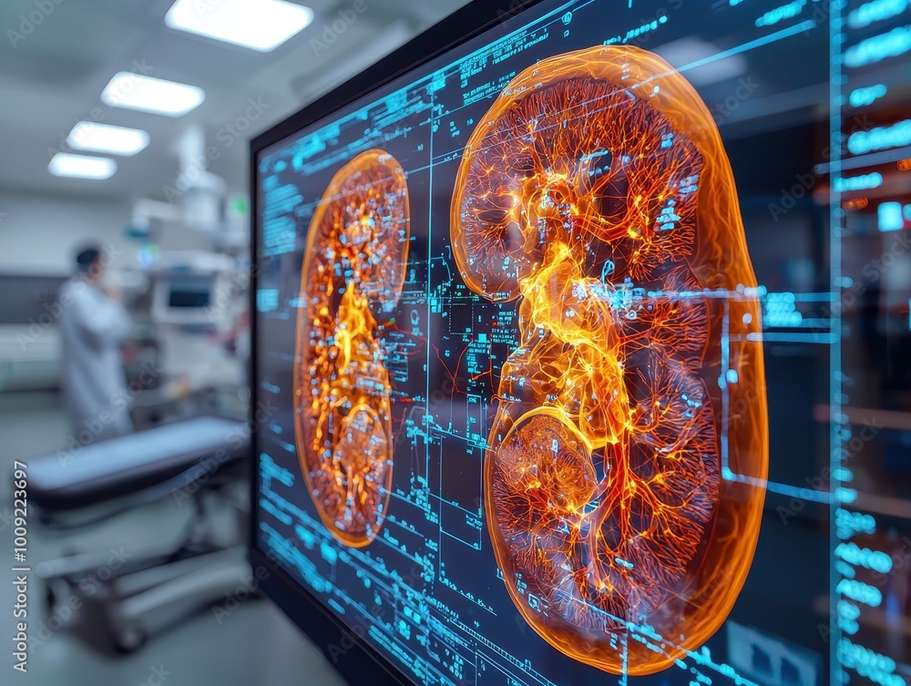 Poster a close-up shot of a computer screen displaying a digital image of two kidneys.