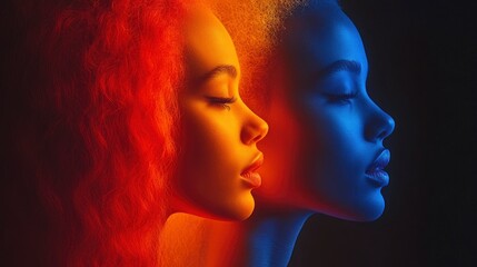 Fototapeta premium Two Women Silhouettes in Red and Blue Light