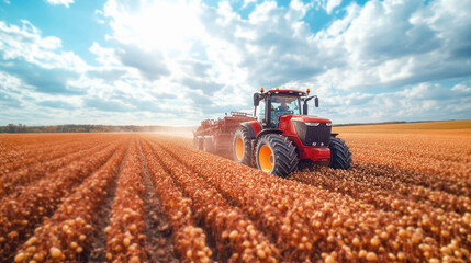 harvester and tractors work in the field