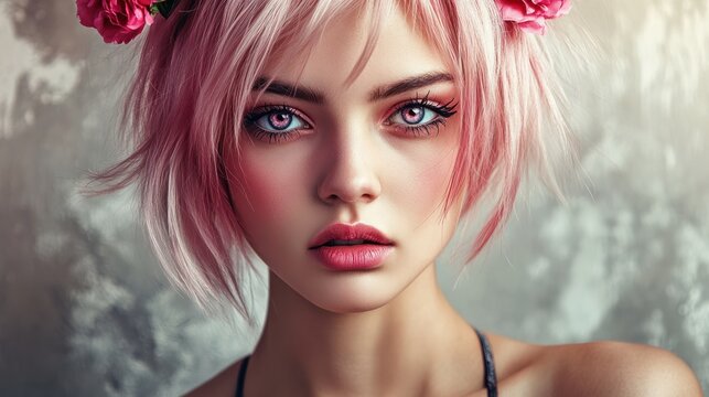 Sch&Atilde;&para;ne junge Frau im Punkstil, kurze platinblonde Haare mit rosa Str&Atilde;&curren;hne, Sommersprossen im jugendlichen Gesicht
