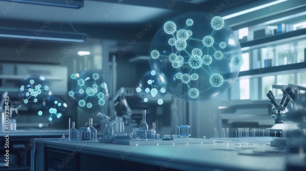 Poster futuristic laboratory with virus particle simulations