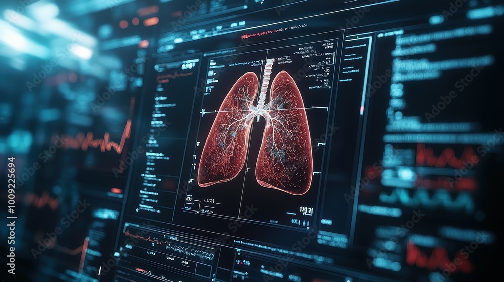 Poster a close-up shot of a computer screen displaying an image of a human lung, with data and charts in th