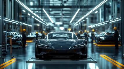 Fototapeta premium Several sleek cars are lined up on an assembly line in a modern factory, illuminated by overhead lights. Workers are focused on completing final assembly tasks in a busy environment