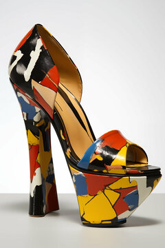 bold platform high heel with vibrant geometric patterns inspired by neo-expressionism. Generative AI