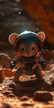a brave astronaut mouse exploring the surface of mars in a glowing spacesuit, surrounded by cosmic mysteries. Generative AI