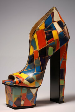 bold platform high heel with vibrant geometric patterns inspired by neo-expressionism. Generative AI