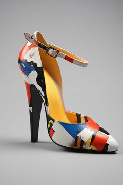 vibrant high heel shoe inspired by neo-expressionism with bold abstract patterns. Generative AI