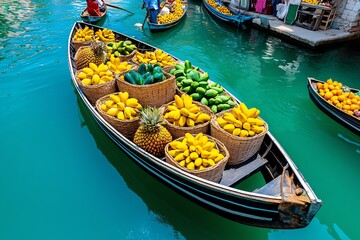 Obraz premium A boat filled with baskets of mangoes, pineapples, and bananas, floating in a busy canal as other vendors paddle by, creating a colorful and dynamic scene at the market