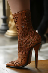 luxurious high-fashion stiletto boot with London skyline bas-relief design, captured in an elite photoshoot. Generative AI