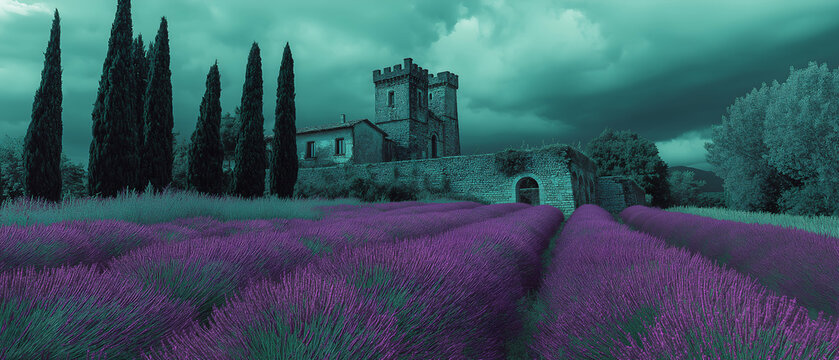 nostalgic view of a castle with lavender fields, captured in faded dark gray and emerald hues. Generative AI