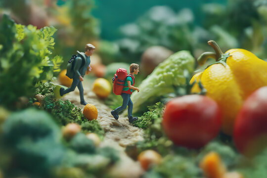 miniature explorers hiking through a vibrant retro vegetable paradise with oversized fruits. Generative AI